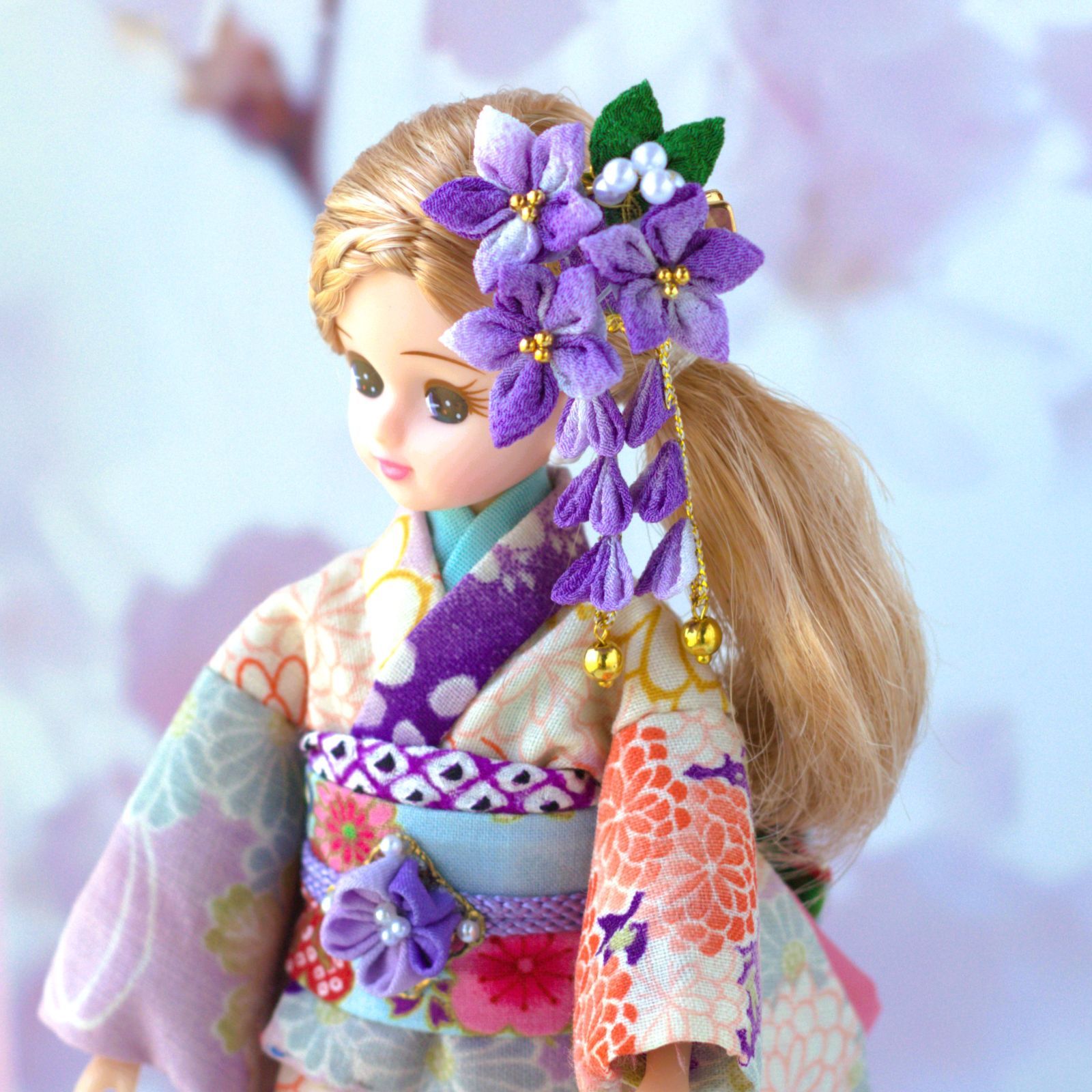 ❁リカちゃん桔梗着物・浴衣髪飾り❁つまみ細工ドール用品・着せ替え