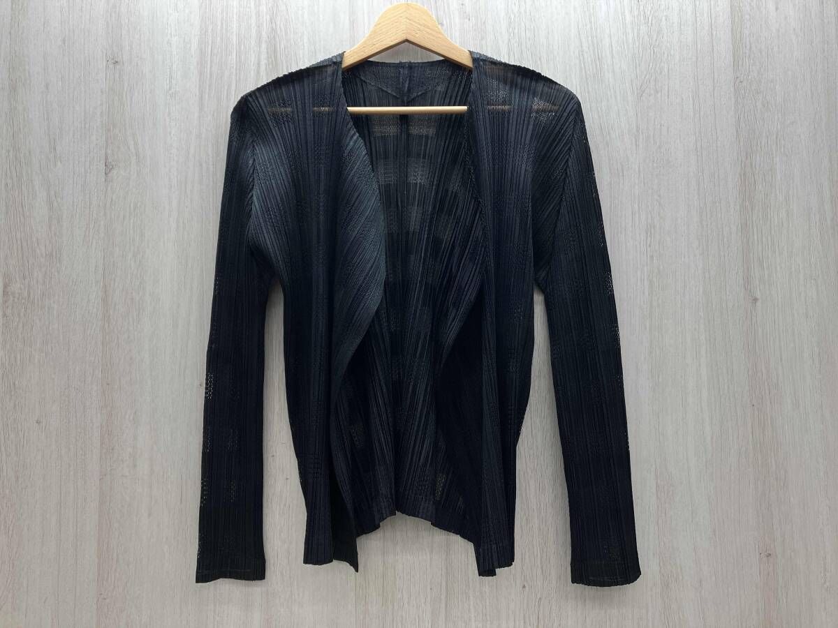PLEATS PLEASE/プリーツプリーズ イッセイミヤケ PP63-J0553 長袖プリーツカーディガン サイズ4 フロントオープン チェック柄 透け感 黒