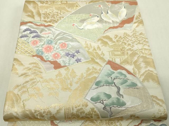 平和屋本店▼六通柄袋帯　唐織　扇面取鶴草花文　純金箔24Ｋ　正絹　逸品　DABI4735sf 10,878円