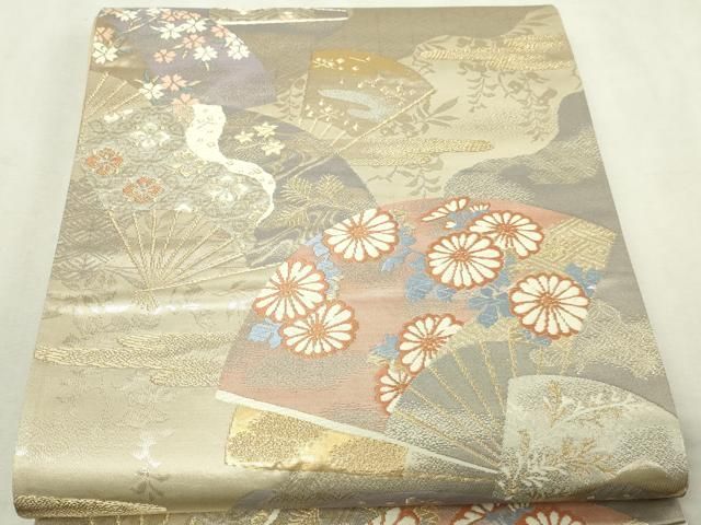 平和屋本店▼六通柄袋帯　扇面花文　純銀　純金箔　正絹　逸品　DABI4751sf