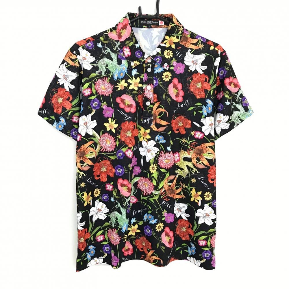 【超美品】ダンスウィズドラゴン 半袖ポロシャツ 黒×マルチカラー 総柄 花 ドラゴン メンズ 3(L) ゴルフウェア Dance With Dragon 7,185円