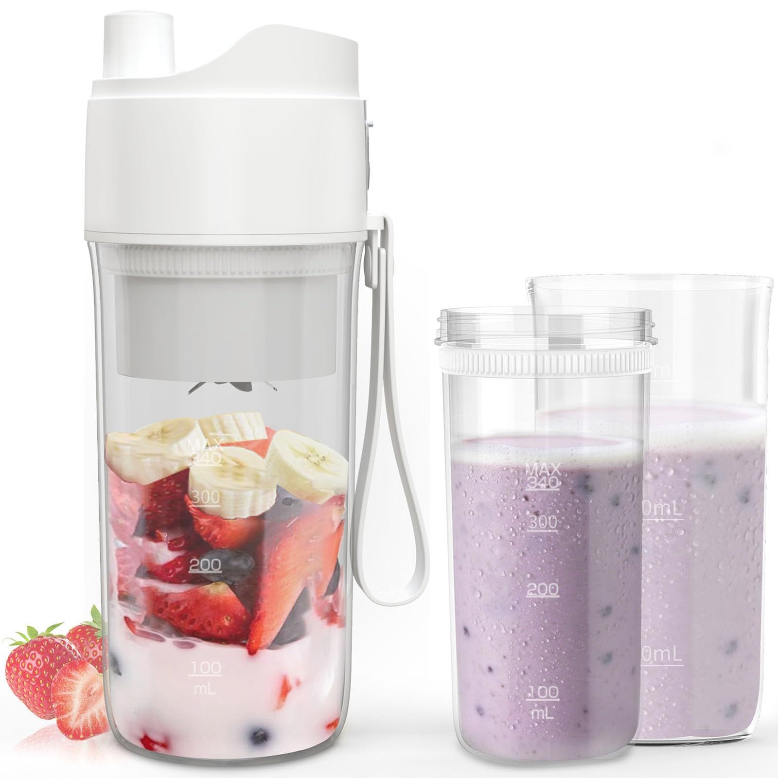 Aliliy ミキサー スムージー 小型 ジューサー コードレス 2つコップ 氷も砕ける USB充電式 340ML 野菜 果物 離乳食 ホワイト | ブレンダー 一台多機能 3000mAh Type-C 一人暮らし 健康ダイエット 持ち運びや e08f8df2