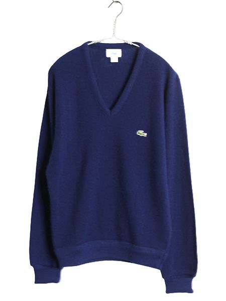 80s USA製 ラコステ アクリル ニット セーター メンズ レディース M ヴィンテージ Vネック ワンポイント 長袖ニット 薄手 ネイビー ブルー