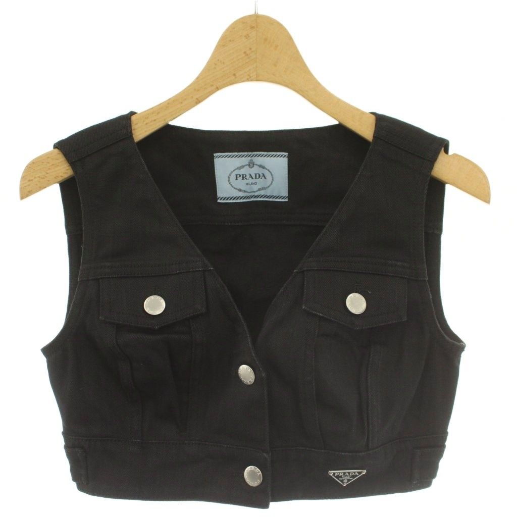 プラダ PRADA 22年 デニムクロップドベスト Vネック 前開き 三角プレート ロゴ ストレッチ 36 黒 ブラック /BB ■GY99