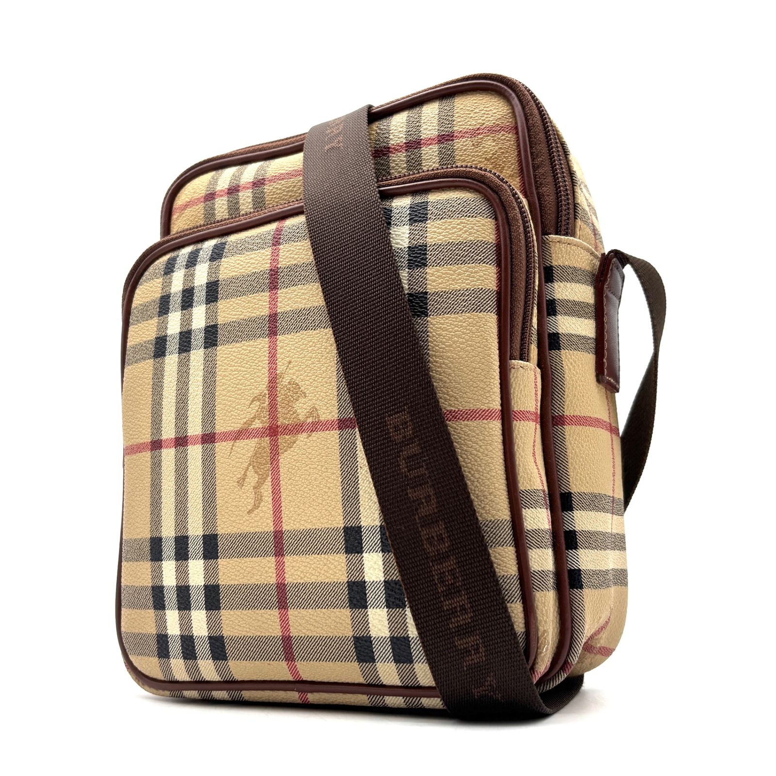 極美品 バーバリー BURBERRY ショルダーバッグ クロスボディ ノバチェック シャドーホース PVC レザー ベージュ 斜め掛け カバン 夏休み 帰省 お盆 敬老の日 シルバーウィーク 秋 ハロウィン ギフト プレゼント