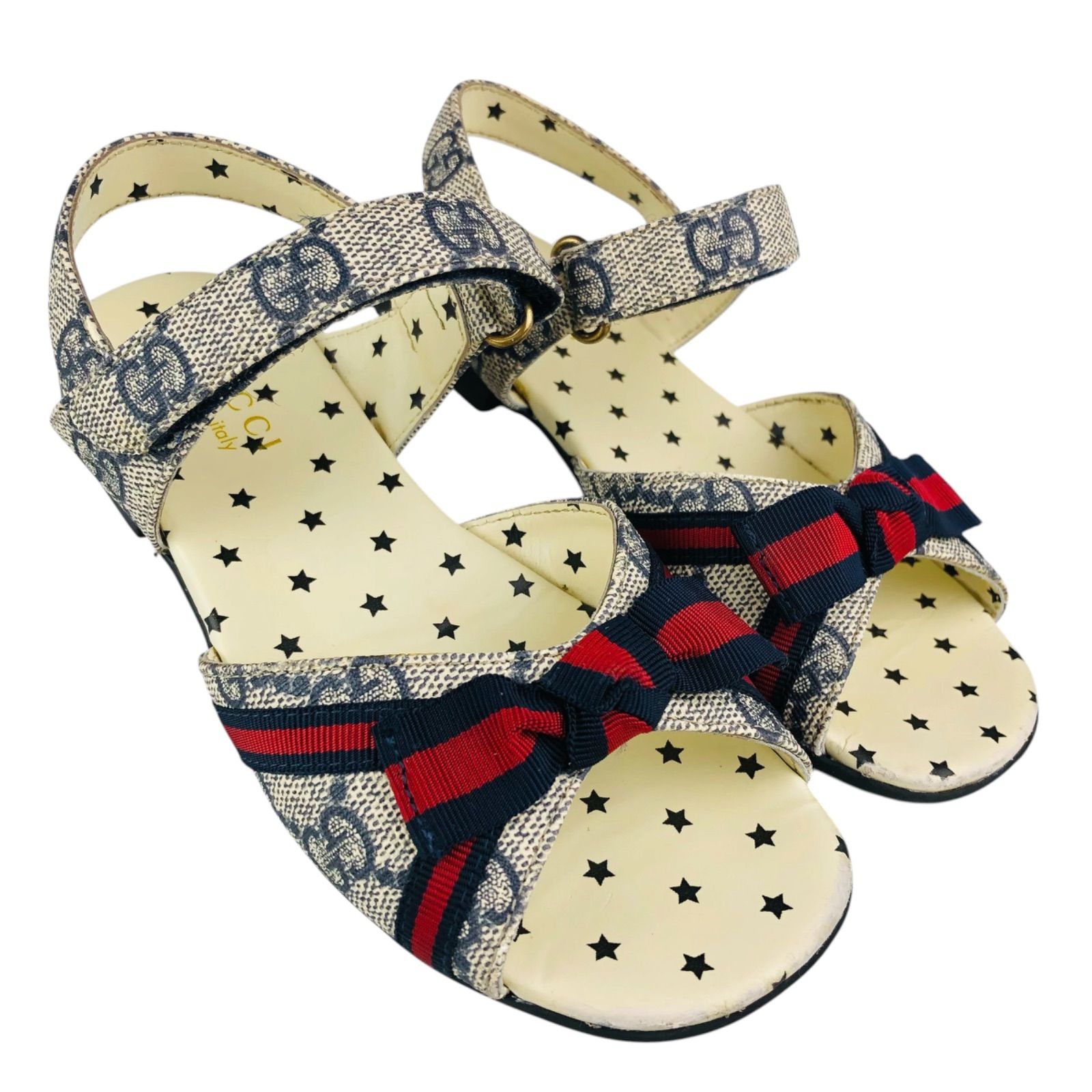 美品★GUCCI★グッチ・チルドレン:ガールズ レザー GGモノグラム総柄 シェリーラインリボンデザイン ベルクロストラップ サンダル (29/18.6㎝相当) イタリア製 ブランドサンダル ガールズサンダル 子供靴 夏靴 カジュアル