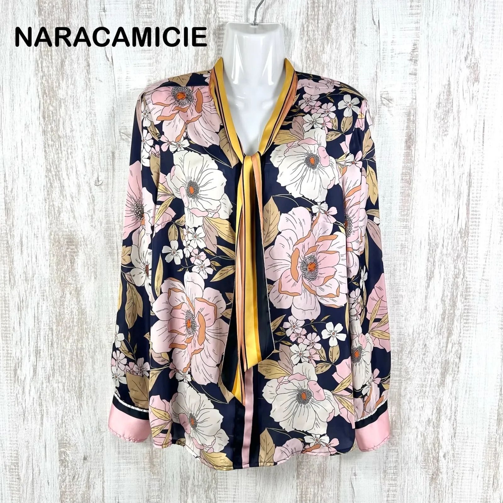 NARACAMICIE ナラカミーチェ BIGフラワー ボウタイブラウス ピンク 花柄