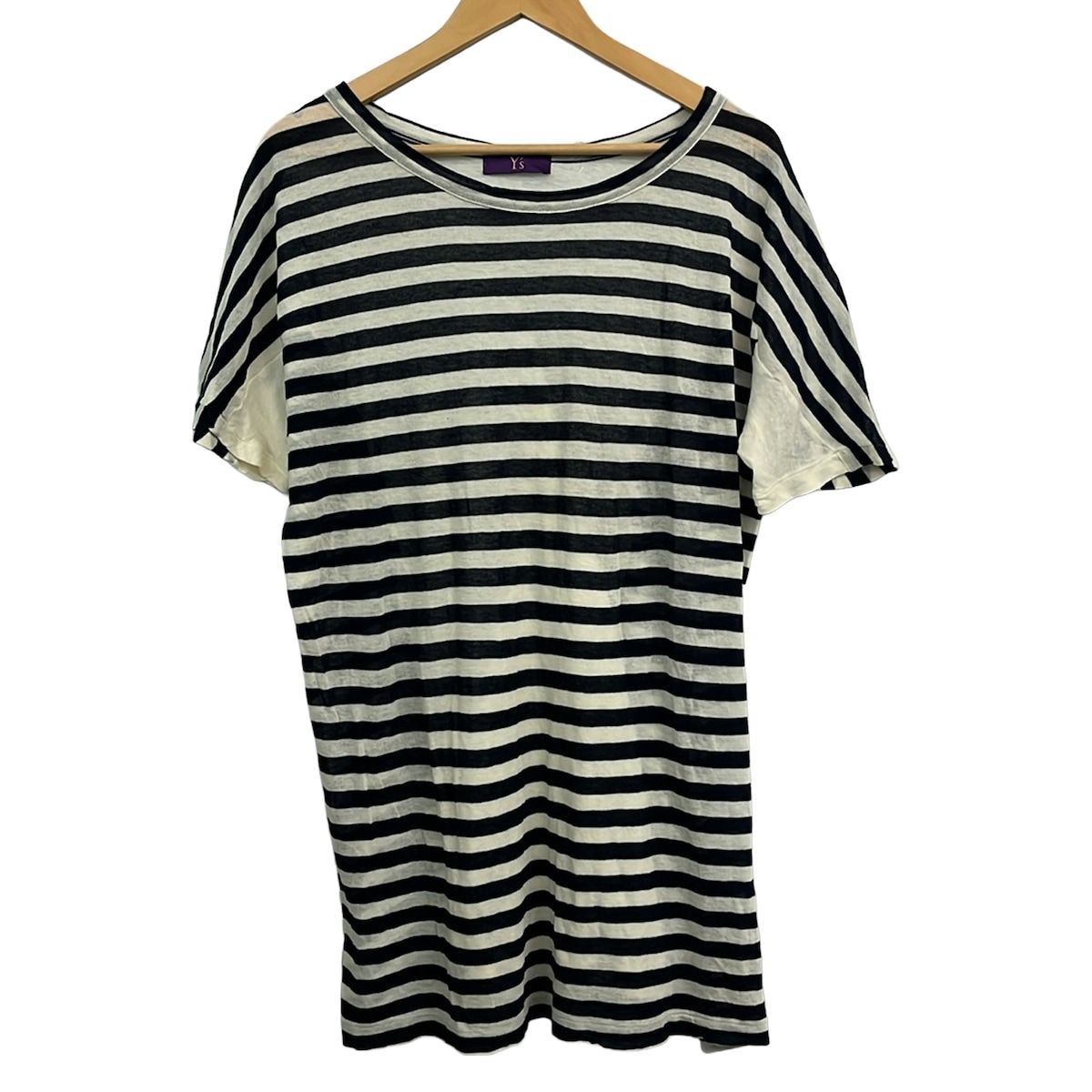 Y's(ワイズ) チュニック サイズ2 M レディース美品 - ダークネイビー×アイボリー クルーネック/半袖/ニット/ボーダー
