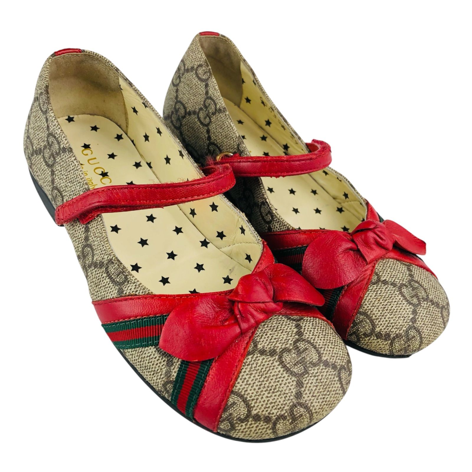 GUCCI★グッチ・チルドレン:ガールズ レザー切替し GGモノグラム総柄 シェリーラインリボンデザイン ベルクロストラップ フラットシューズ バレエシューズ (29/18.6㎝相当) イタリア製 ブランドシューズ ガールズシューズ 子供靴 カジュアル