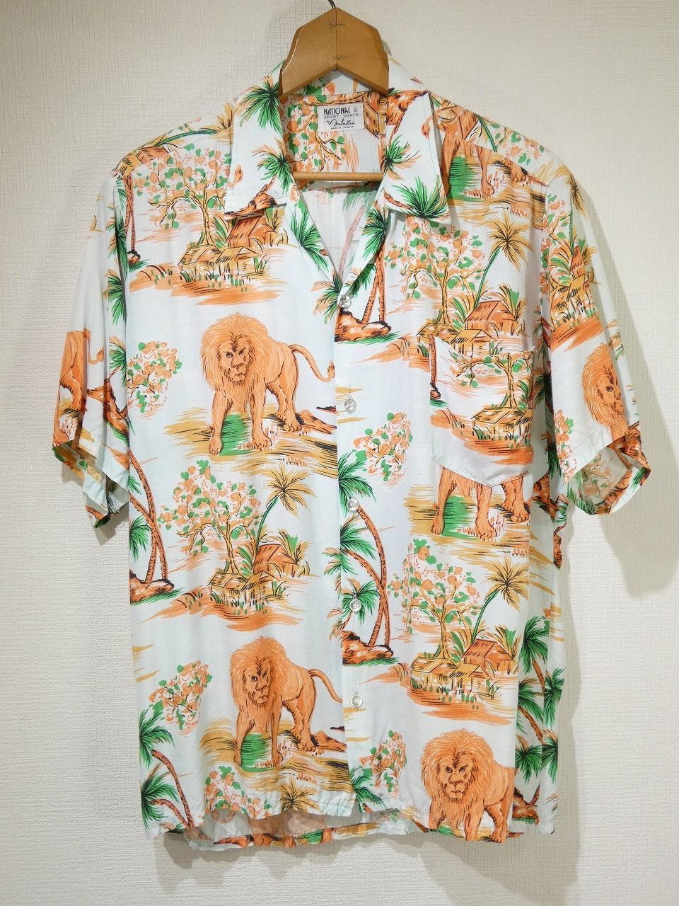 レア 柄 60s ビンテージ NATIONAL SPORT SHIRT by Manhattan ライオン 風景 総柄 レーヨン ハワイアン アロハ シャツ L 50s 40s 30s