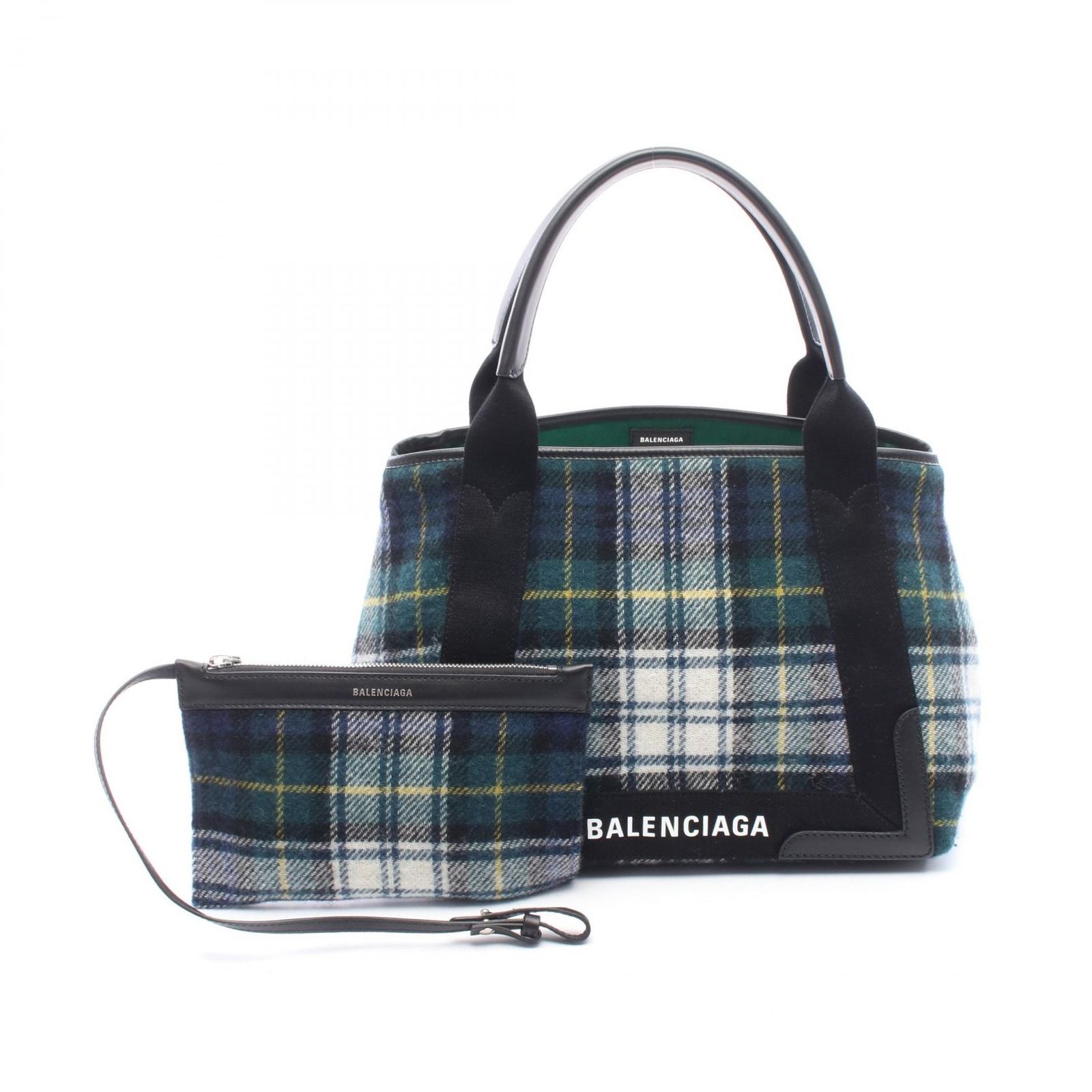 バレンシアガ BALENCIAGA トートバッグ NAVY CABAS S ネイビーカバ チェック 339933 ブラック/チェック柄 ウール レザー ネイビーカバス S レディース Used A