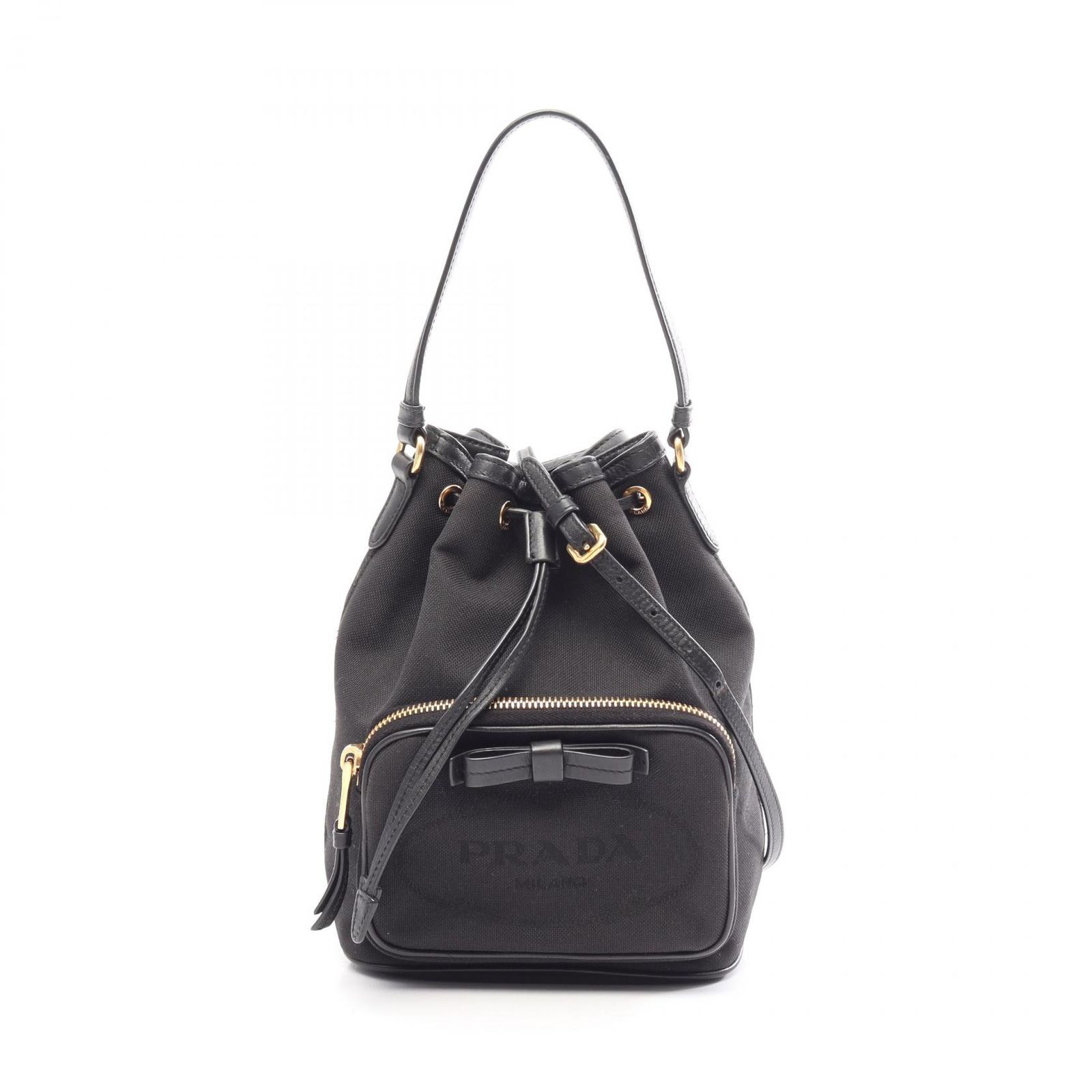 プラダ PRADA ハンドバッグ LOGO JACQUARD ロゴジャガード リボン ドローストリング 2WAY ブラック キャンバス レザー ロゴジャガード リボンモチーフ 2way ショルダーバッグ