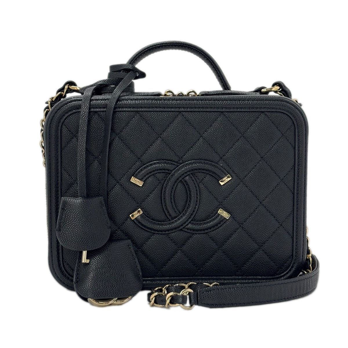【 中古 】 シャネル CHANEL バッグ CCフィリグリー バニティケース 2WAY チェーンショルダー ブラック シャンパンゴールド キャビアスキン A93344 レディース