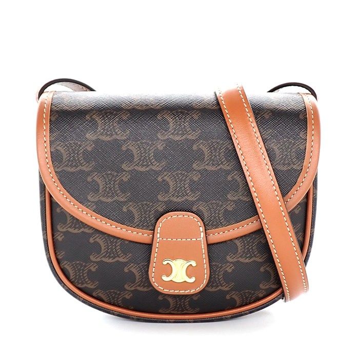 セリーヌ CELINE ショルダーバッグ ブザス ミニ 196702BZJ タン トリオンフキャンバス カーフスキン ゴールド金具 【中古】