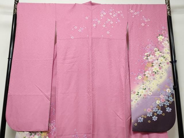 平和屋着物●豪華振袖　舞花文　暈し染め　金彩　銀通し地　正絹　逸品　DABI9448ud