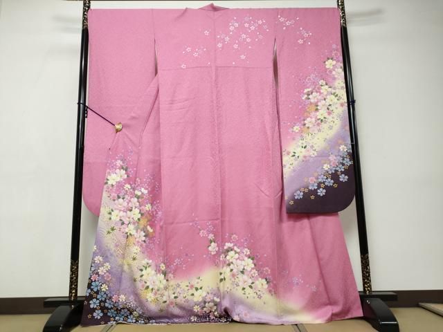 平和屋着物●豪華振袖　舞花文　暈し染め　金彩　銀通し地　正絹　逸品　DABI9448ud振袖