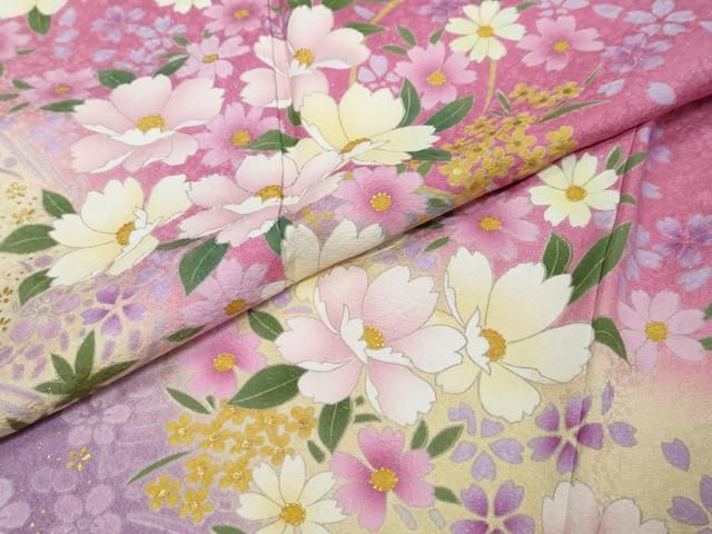 平和屋着物●豪華振袖　舞花文　暈し染め　金彩　銀通し地　正絹　逸品　DABI9448ud