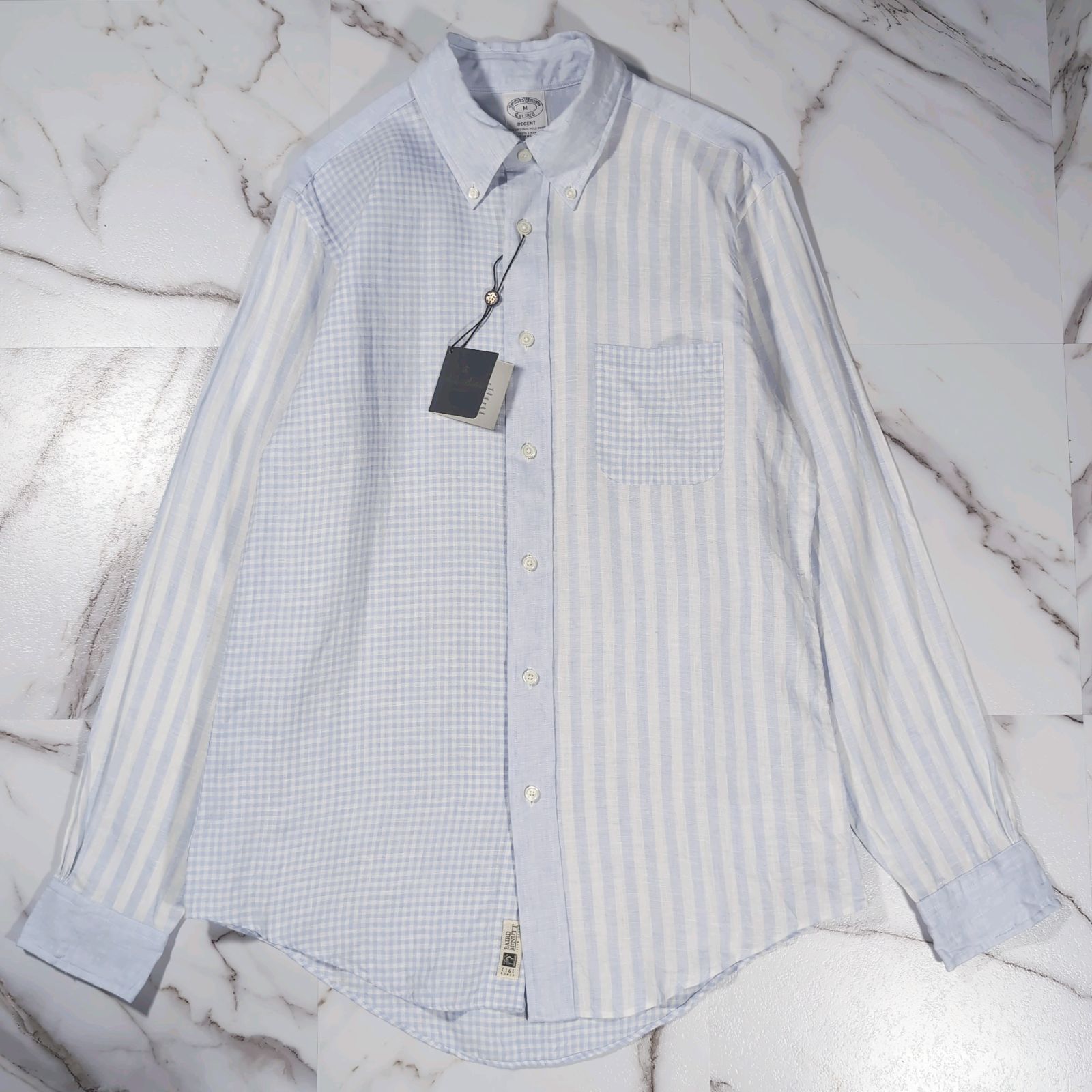 BrooksBrothers × BAIRD McNUTT 新品タグ付 最高級 IRISH LINEN クレイジーパターン BD L/Sシャツ M REGENT ギンガムチェック ストライプ ライトブルー×ホワイト 15,385円