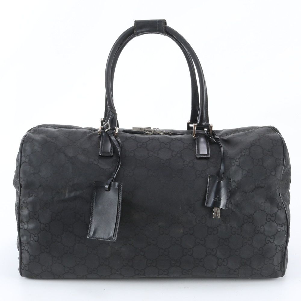 美品 グッチ GGナイロン 012 0383 08 レザー ボストン バッグ 出張 旅行 トート ブラック 黒 メンズ レディース WIM EL50-8【中古】
