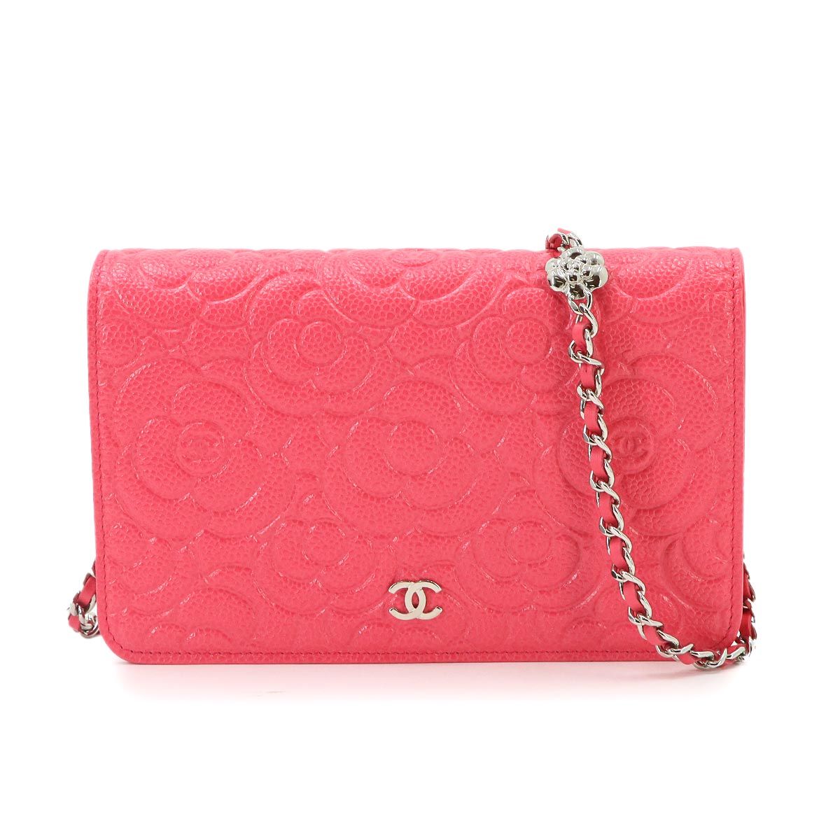 未使用 展示品 シャネル CHANEL カメリア チェーン ウォレット 二つ折り 長財布 レザー ピンク A82336 Camellia Chain Wallet 90333737