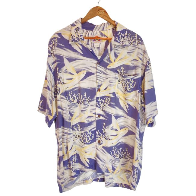 【中古】　PINEAPPLE JUICE　アロハシャツ　半袖　トップス　オープンカラー　胸ポケット　魚　ハワイ製　古着　/1163