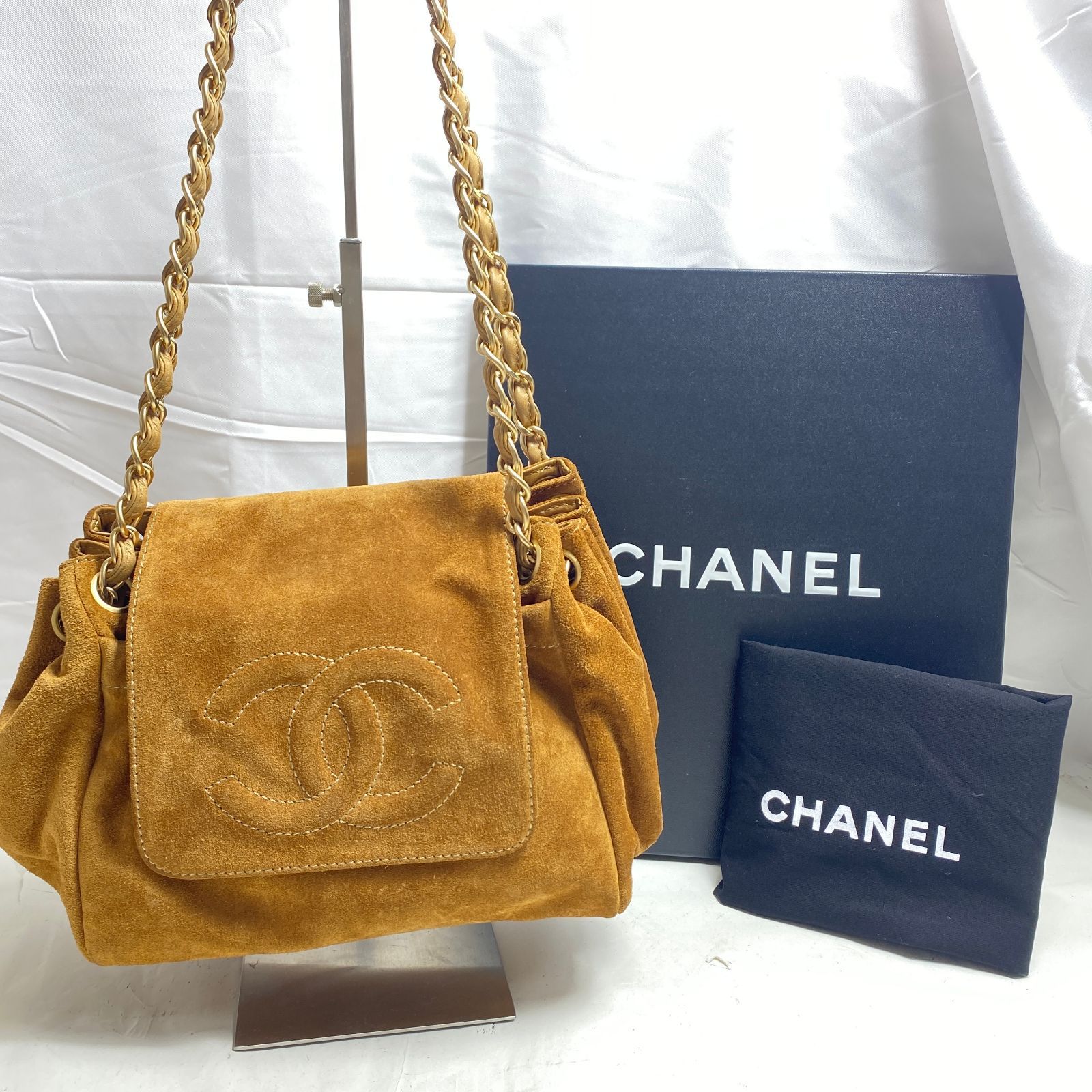 ★A062703★ CHANEL シャネル ココマーク チェーン ショルダーバッグ スウェード 薄茶 M