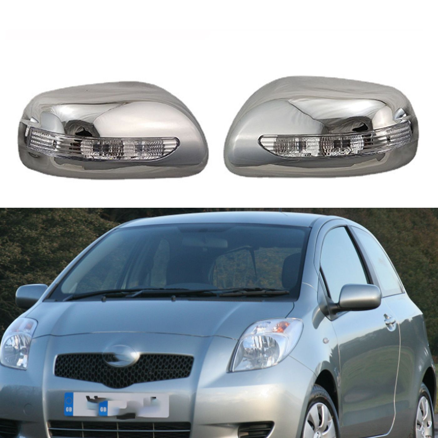 トヨタ ヴィッツ／Yaris XP90 2005～2008年対応 ドアミラーカバー LED付き メッキシルバー ABS製 左右2点セット 外装アクセント