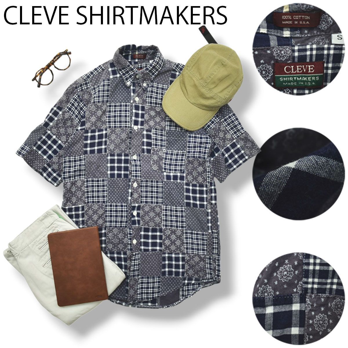 90s USA製 クリーブ シャツメーカー CLEVE SHIRTMAKERS 半袖 パッチワーク ポケット付 ボタンダウン BD コットン シャツ S ネイビー系 総柄 アメカジ カジュアル メンズ