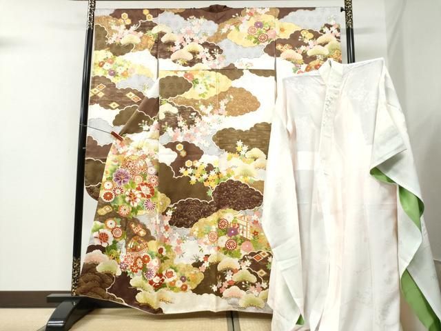 平和屋着物●豪華振袖・長襦袢セット 駒刺繍 雲重ね毬牡丹花文 金彩 半衿刺繍 正絹 逸品 CABK7326yc