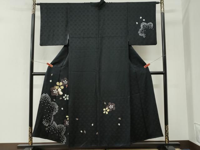 平和屋着物●訪問着　駒刺繍　絞り　ぽっくり下駄　舞桜文　黒地　正絹　逸品　CABK7356yc