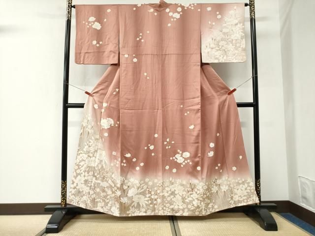 平和屋着物●訪問着　刺繍　牡丹草花文　暈し染め　金彩　正絹　逸品　CABK7491yc