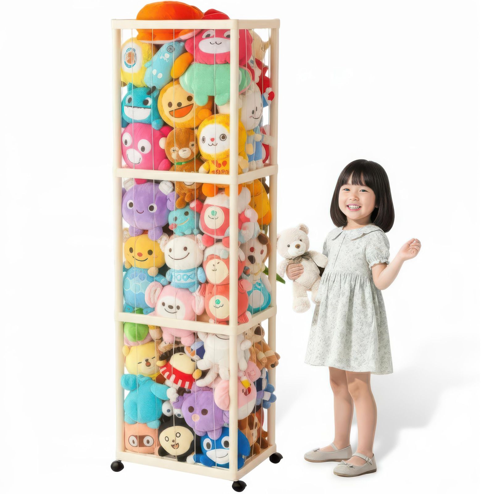 ぬいぐるみ 収納 大容量｜高さ172cm（172×43×33cm） キャスター付き ディスプレイ収納ラック 見せる収納で取り出しやすい｜PP素材＋ナイロン製伸縮コード採用 ストッパー付きで移動＆固定｜ミルクティーベージュｍａ 6,834円