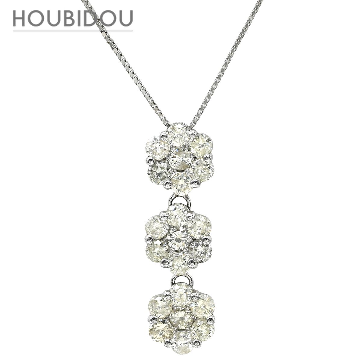 ネックレス ダイヤペンダント 2.0ct ホワイトゴールド 3連 ドロップ 18K 750 WG 21石 ラウンドブリリアント 【中古】