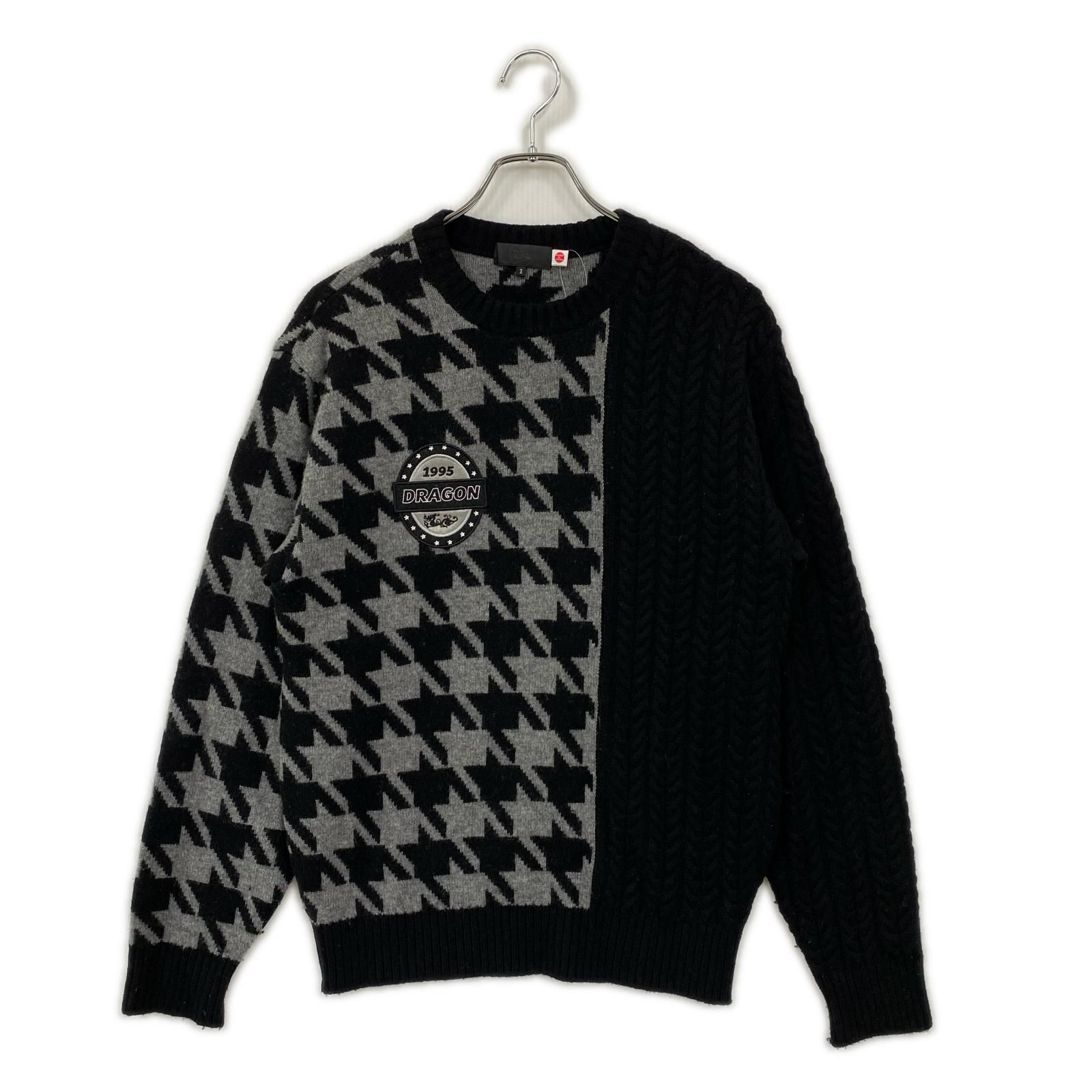 中古 メンズ ダンスウィズドラゴン DANCE WITH DRAGON セーター 2(M) 黒 ブラック 千鳥格子柄 ケーブル編み
