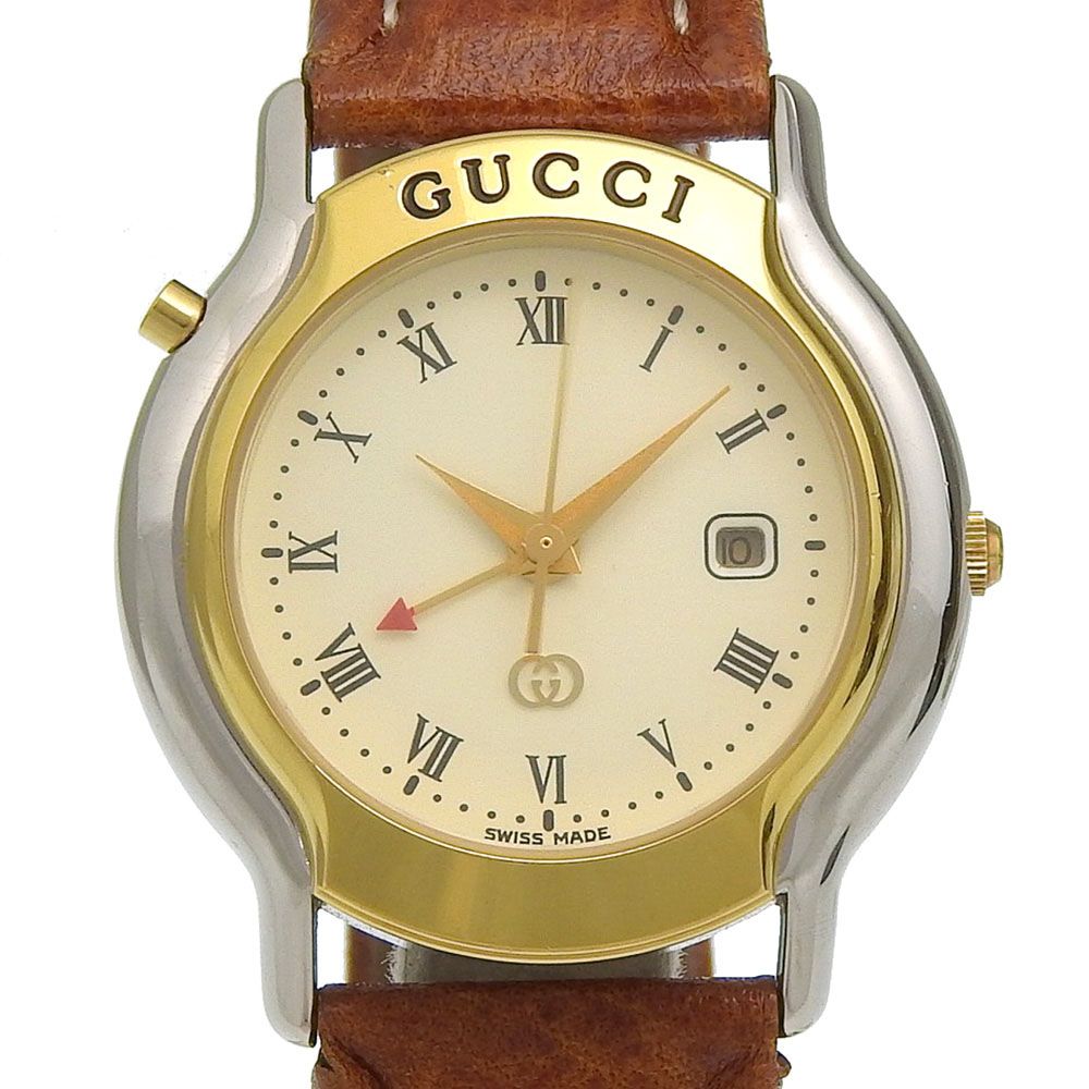 【GUCCI】グッチ 8200JR ステンレススチール×レザー クオーツ アナログ表示 レディース アイボリー文字盤 腕時計