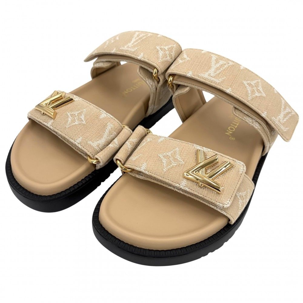 【大決算】 ルイヴィトン サンダル レディース LVサンセットサンダル モノグラムジャガード 厚底 36 1/2サイズ LOUIS VUITTON 1AHNL2 ラバー キャンバス ベージュ ブラック 黒 ゴールド金具 美品【中古品】 82,500円