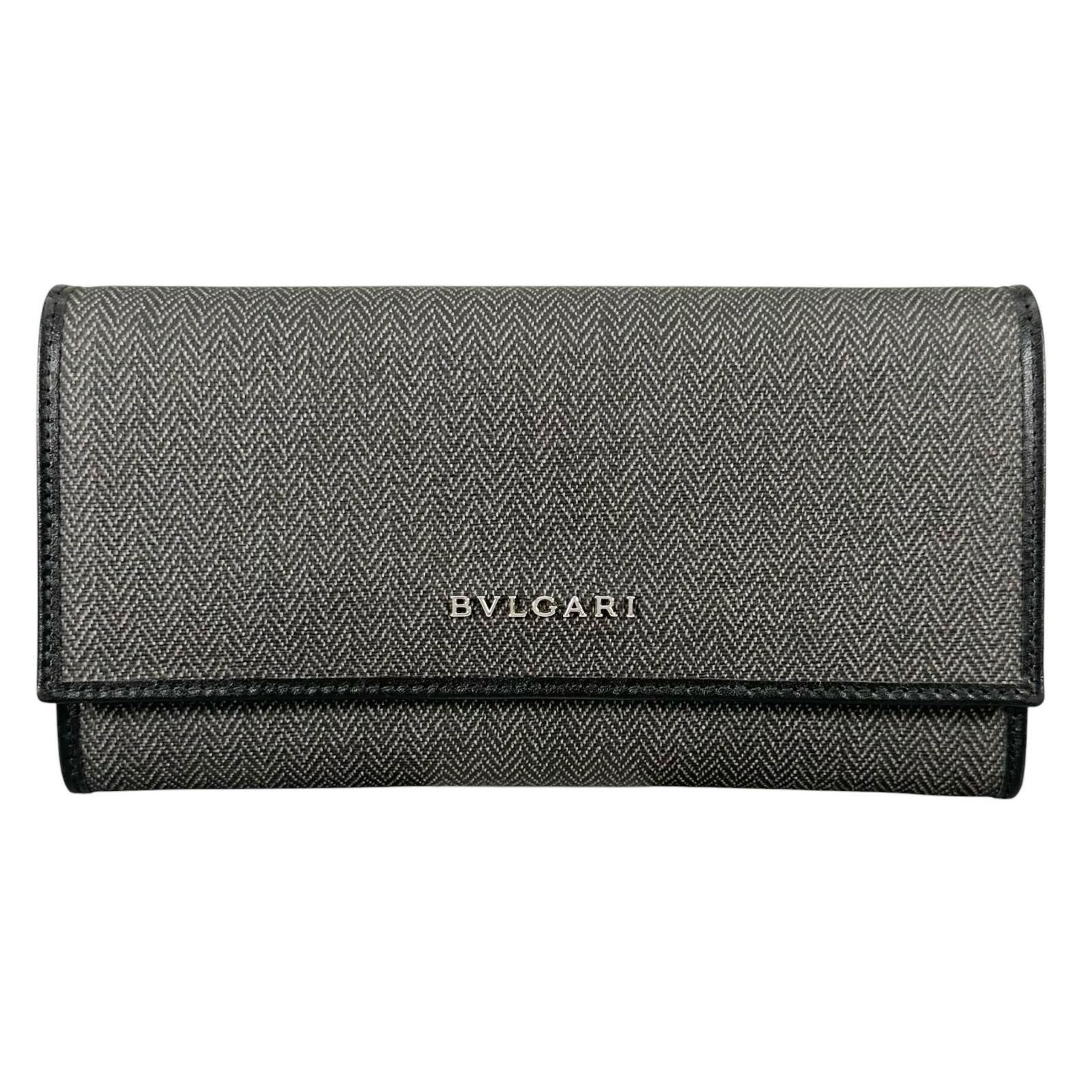 【新着】BVLGARI ウィークエンド ヘリンボーン キャンバス、ボックスカーフ グレー、ブラック 長財布 シルバー
