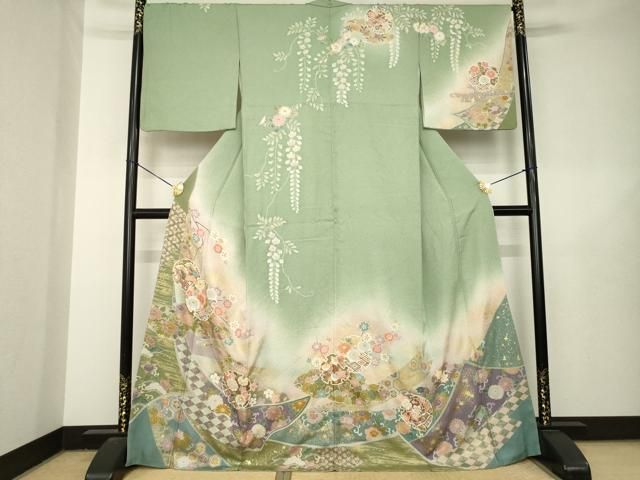 平和屋着物●訪問着　駒刺繍　雪輪花文　暈し染め　金彩　正絹　逸品　AABL5534ck