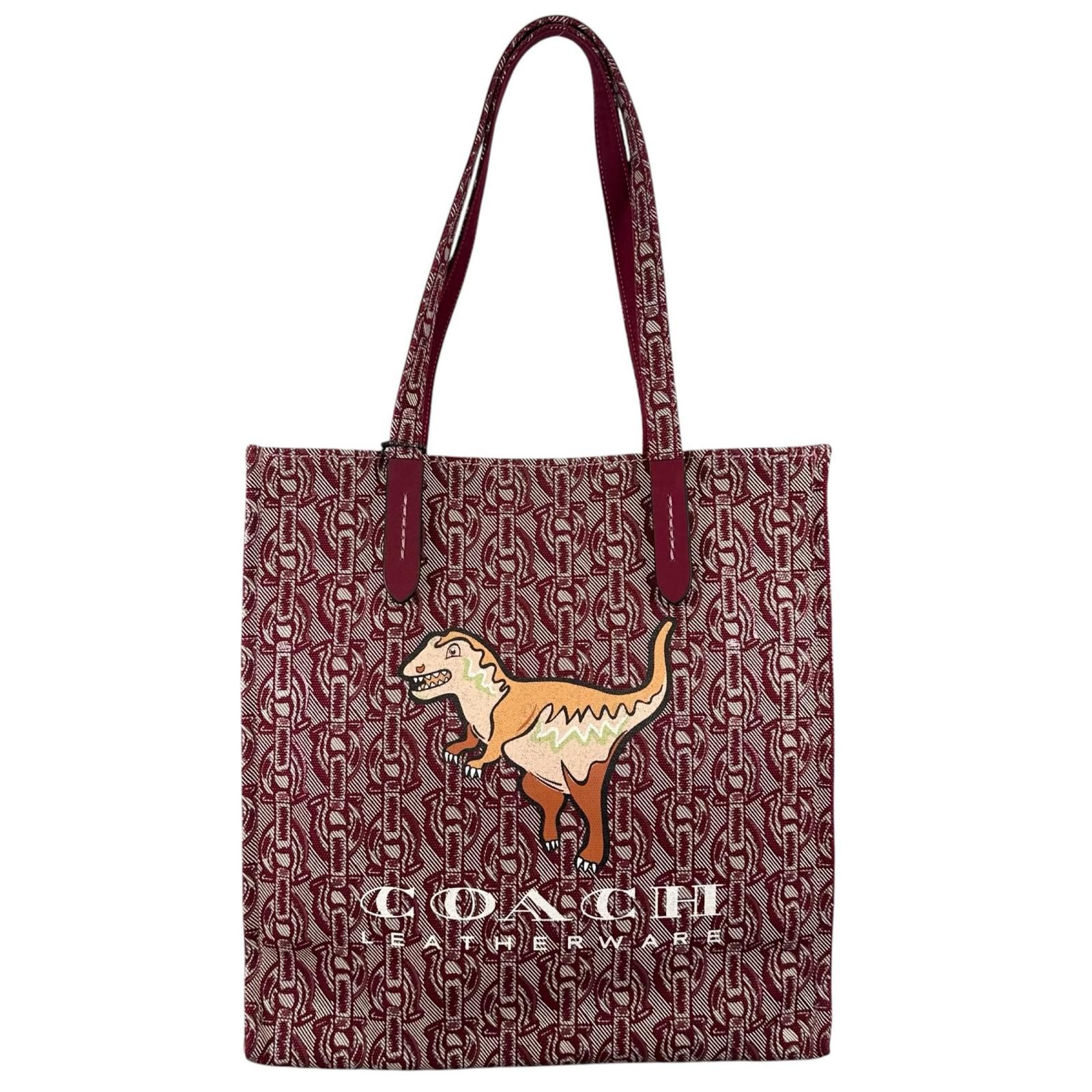 【新着】COACH レキシー プリント レザー、キャンバス ボルドー トートバッグ シルバー 25736