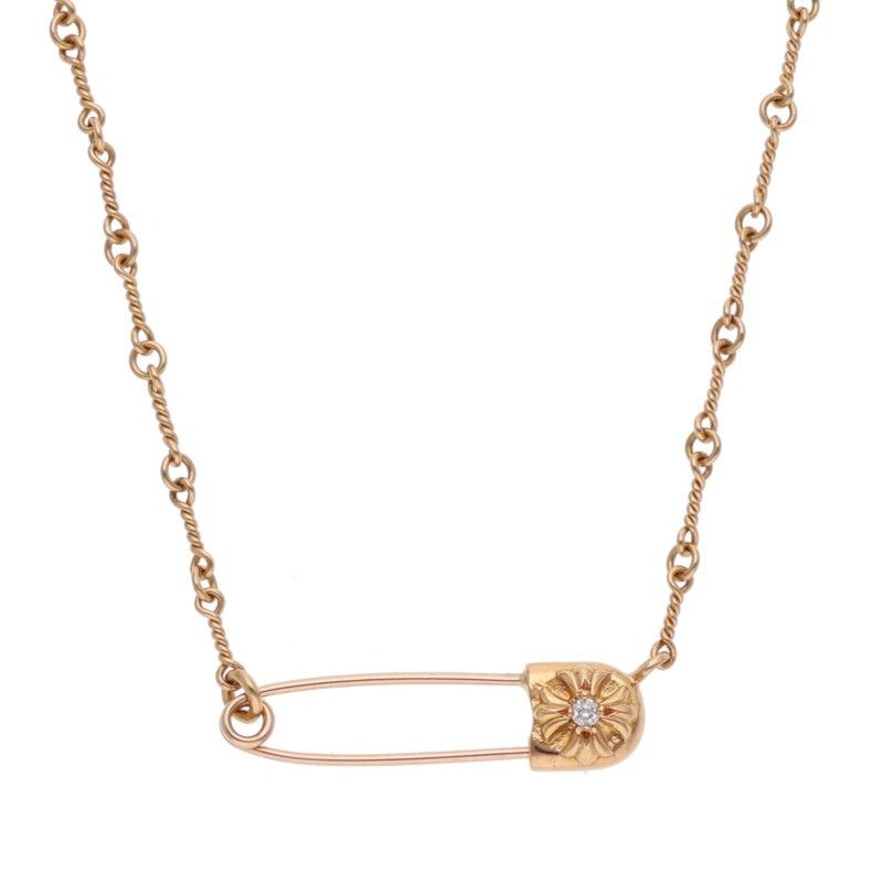 クロムハーツ 22K SAFETY PIN T24 1DIAセーフティピンツイストチェーン 1ダイヤ/ゴールドネックレス メンズ 24inch