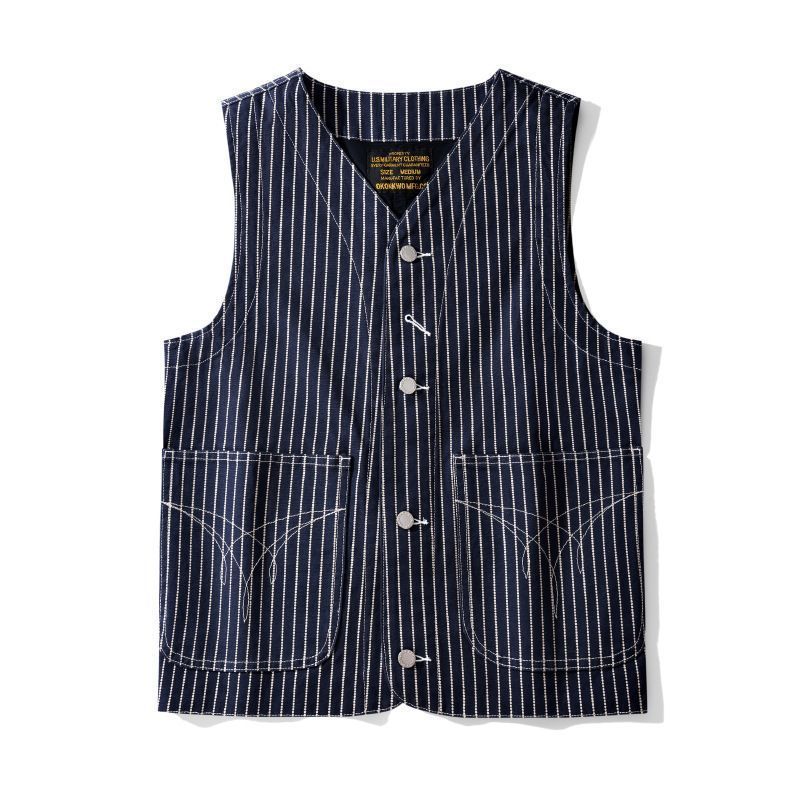 メンズベスト12oz キャンバス WABASH　ワークジャケット レプリカ デニム コットン デニム アメカジ 　S~2XLネイビー、白ボーダー