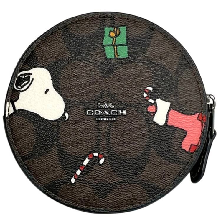 コーチ コインケース シグネチャー PEANUTS CF245 COACH PVC レザー ブラウン ブラック 茶色 黒 中古 ユニセックス