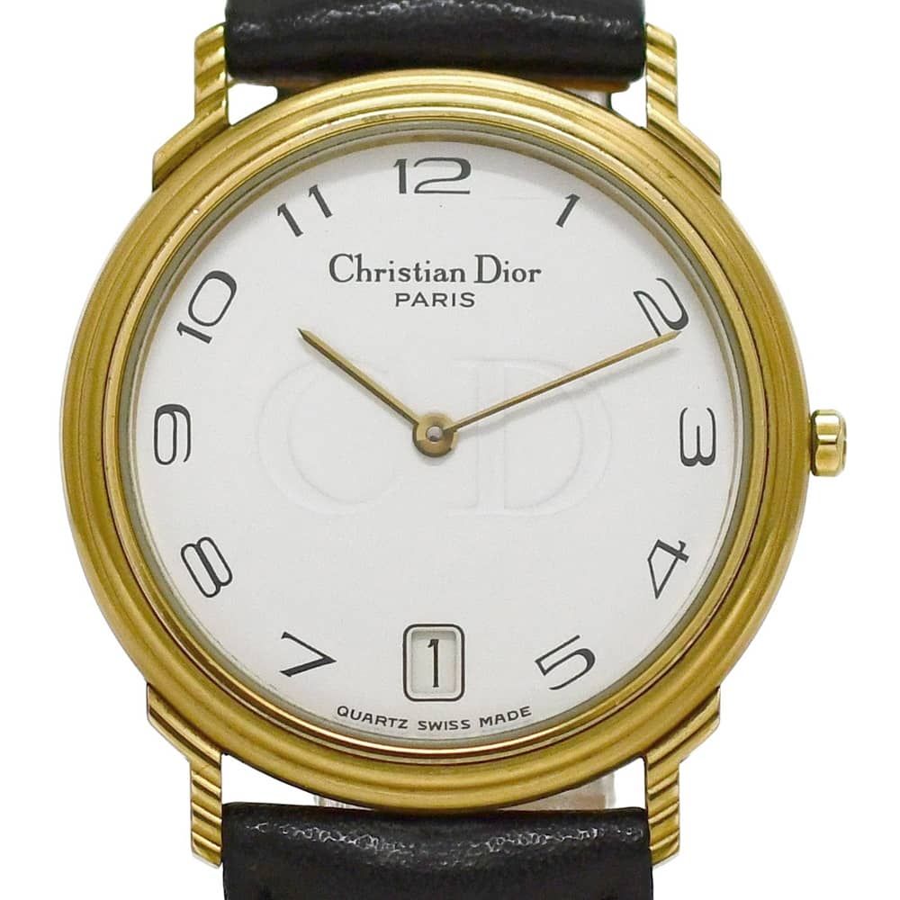 クリスチャン ディオール 腕時計 美品 45.122.2 Christian Dior SS レザー ホワイト 中古 メンズ CD ロゴ デイト クオーツ