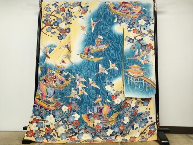 平和屋着物●豪華振袖　型染め　船飛鶴枝梅文　暈し染め　正絹　逸品　CABK8210ut