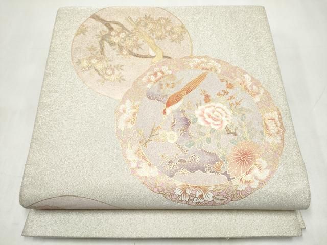平和屋着物●太鼓柄袋帯　綴れ　絵皿休み鳥花文　金彩　正絹　逸品　CABJ8771hy