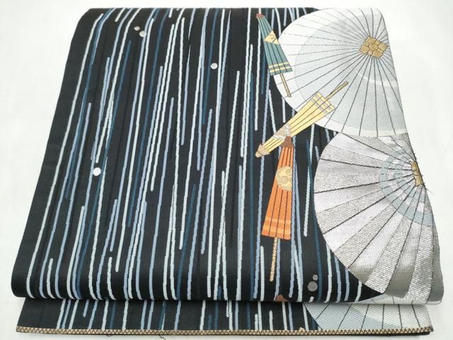 平和屋着物●六通柄袋帯　唐織　末広がり蛇の目傘　黒地　金銀糸　正絹　逸品　CABJ8748hy