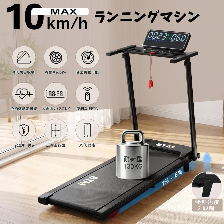 ルームランナー 電動ランニングマシン 1〜10km/h 傾斜6度 折りたたみ 耐荷重130kg キャスター付き Bluetooth/アプリ連携 心拍数計測機能付き 付属リモコン