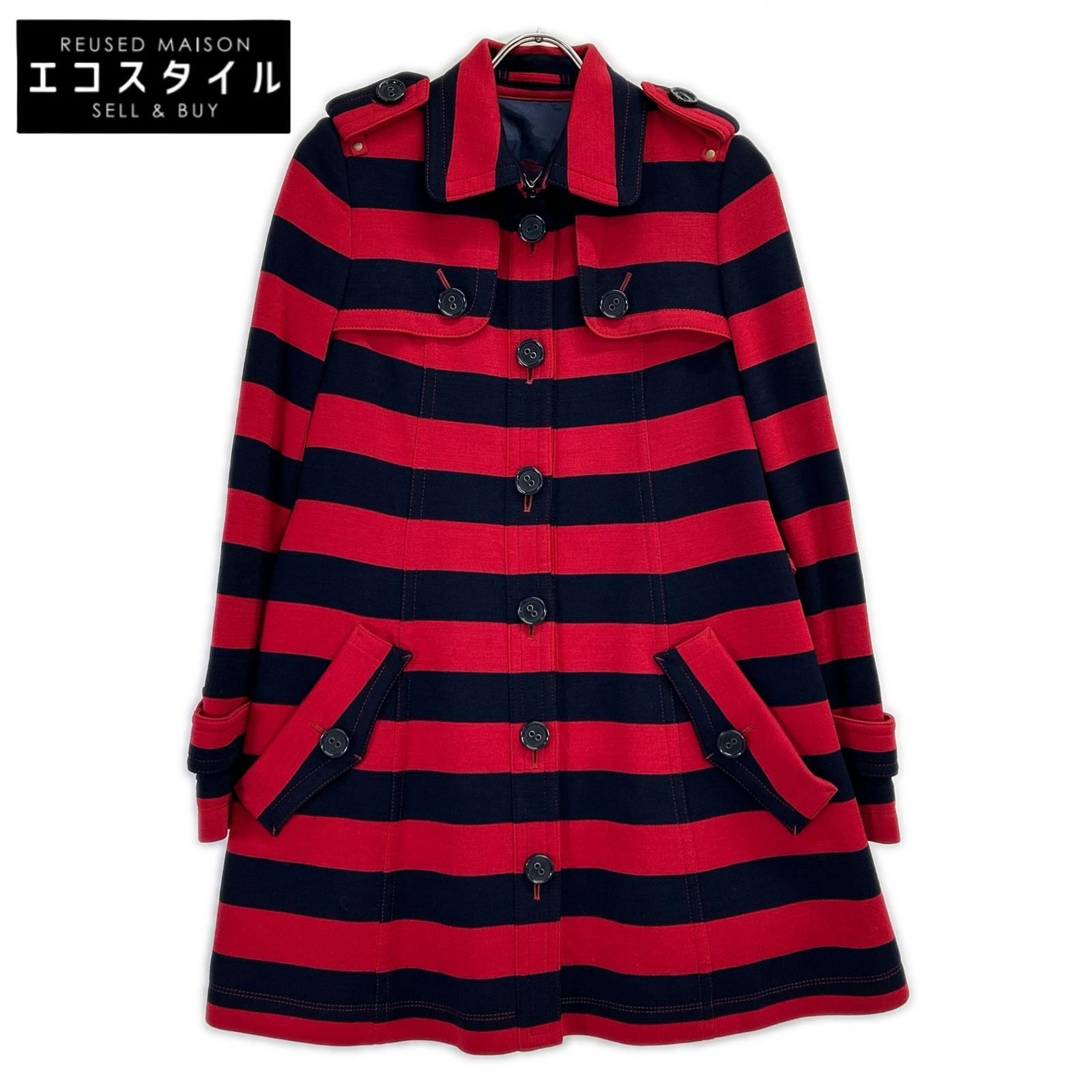 Burberry Blue Label　バーバリーブルーレーベル　11年 E1A42-304-28 ネイビー×レッド ウール ボーダー トレンチコート　38 10,218円