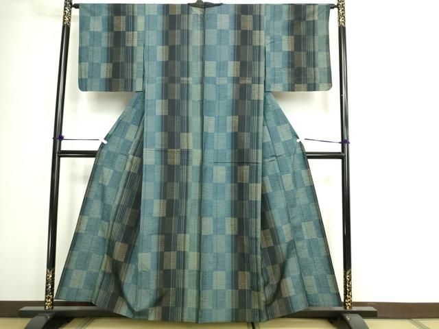 平和屋着物▽上質な紬　単衣　格子　正絹　逸品　DABI1149sf 11,544円