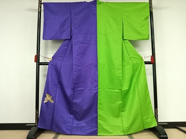 平和屋着物▽片身替わり　色無地　単衣　紅桔梗色　鶸萌黄色　ワンポイント　洗える着物　AABK3704jh